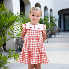 Dave&Bella Girls Summer Cotton Red White Plaid Turnover Collar Dress