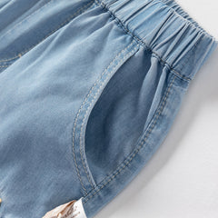 Dave&Bella Toddler Boys Summer Denim Blue Loose Adjustable-waistband Jeans