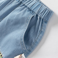 Dave&Bella Toddler Boys Summer Denim Blue Loose Adjustable-waistband Jeans