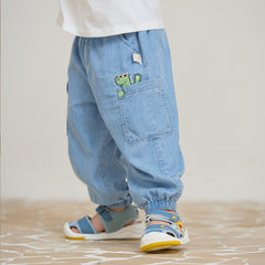 Dave&Bella Toddler Boys Summer Denim Blue Loose Adjustable-waistband Jeans
