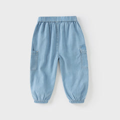 Dave&Bella Toddler Boys Summer Denim Blue Loose Adjustable-waistband Jeans