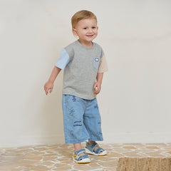 Dave&Bella Toddler Boys Summer Casual Denim Blue Adjustable-waistband Wide Pants