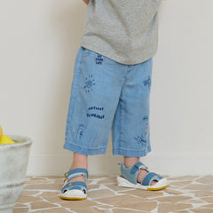 Dave&Bella Toddler Boys Summer Casual Denim Blue Adjustable-waistband Wide Pants