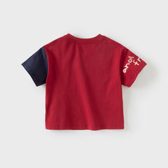 Dave&Bella Toddler Boys Summer Playful Red/Beige Breathable Cotton T-shirt Tops