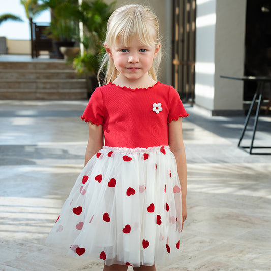 Dave&Bella Girls Summer Casual Red Short Sleeve Mesh Dress