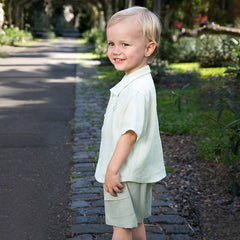 Dave&Bella Kids Boys Summer Green/Pink Color Linen Shirt Shorts Sets