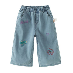 Dave&Bella Toddler Girls Summer Stylish Denim Blue Straight-leg Wide Lightweight Jeans
