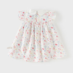 Dave&Bella Toddler Girls Summer Floral Print Doll Collar Breathable Cotton Casual Dress