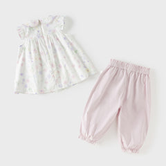 Dave&Bella Toddler Girls Summer Purple Pink Floral Print Comfortable Cotton Top Pant Suits