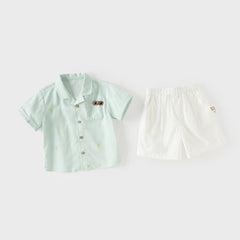 Dave&Bella Summer Toddler Boys Green Coconut Tree Print Turndown Collar Outfit Sets
