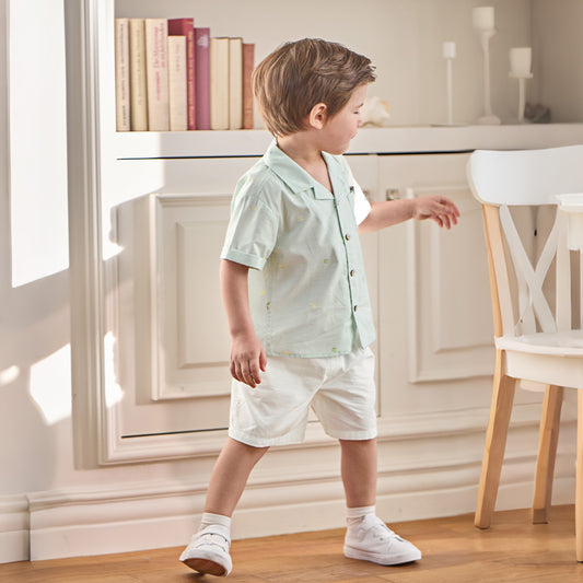 Dave&Bella Summer Toddlers Boys Green Coconut Tree Print Turndown Collar Outfit Sets