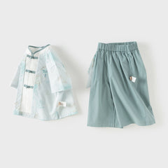 Dave&Bella Toddler Boys Summer Green Chinese-style Turtle Neck Top Pant Suits