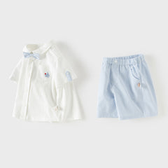 Dave&Bella Toddler Boys Summer White Short Sleeve Comfortable College-style Outfit Sets