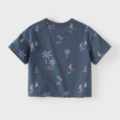 Dave&Bella Toddler Boys Summer Beige/Dark Blue Stylish Print Casual T-shirts