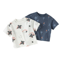 Dave&Bella Toddler Boys Summer Beige/Dark Blue Stylish Print Casual T-shirts