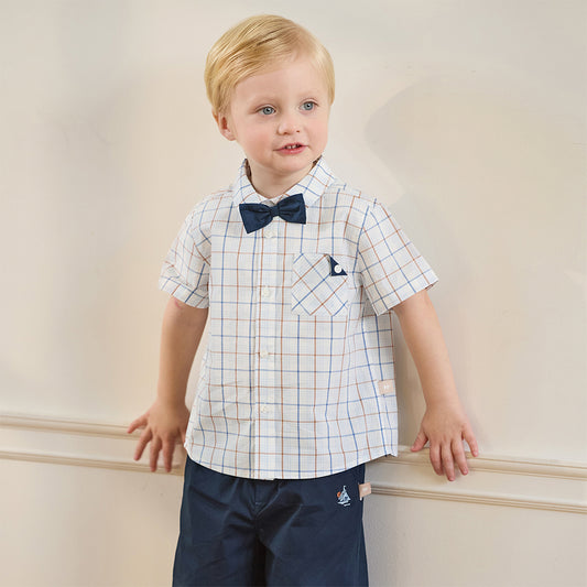 Dave&Bella Toddler Boys Summer Blue Plaid College-style Formal Short Sleeve Outfit Sets