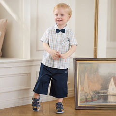 Dave&Bella Toddler Boys Summer Blue Plaid College-style Formal Short Sleeve Outfit Sets