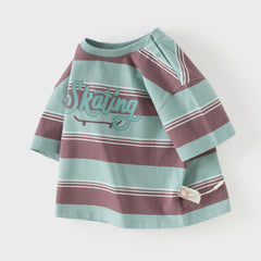 Dave&Bella Toddler Boys Summer Casual White/Green Striped Breathable Cotton T-shirts