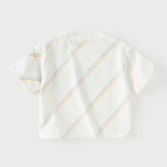 Dave&Bella Toddler Boys Summer Casual White/Green Striped Breathable Cotton T-shirts