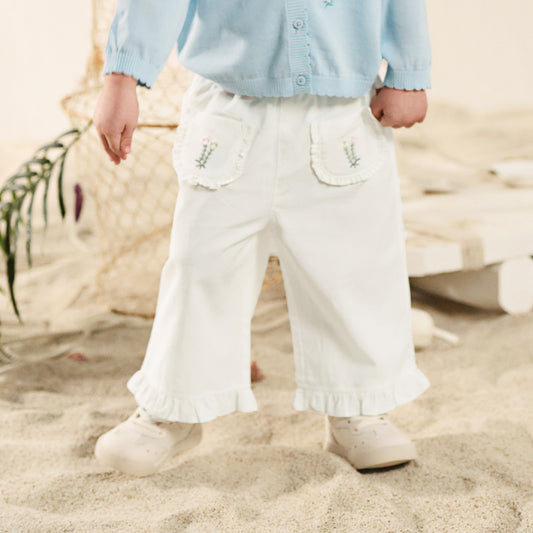 Dave&Bella Summer Toddler Girls Beige Embroidery Comfortable Straight-leg Long Pants