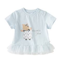 Dave&Bella Summer Toddler Girls Blue Cute Print Cotton Soft Breathable Design T-Shirts