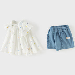 Dave&Bella Summer Toddler Girls Cute Beige Flutter Sleeve Top Jean Shorts Outfit Sets