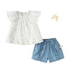 Dave&Bella Summer Toddler Girls Cute Beige Flutter Sleeve Top Jean Shorts Outfit Sets