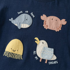 Dave&Bella Summer Toddler Boys Dark Blue Playful Animal Print Breathable Cotton T-shirts
