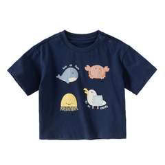 Dave&Bella Summer Toddler Boys Dark Blue Playful Animal Print Breathable Cotton T-shirts