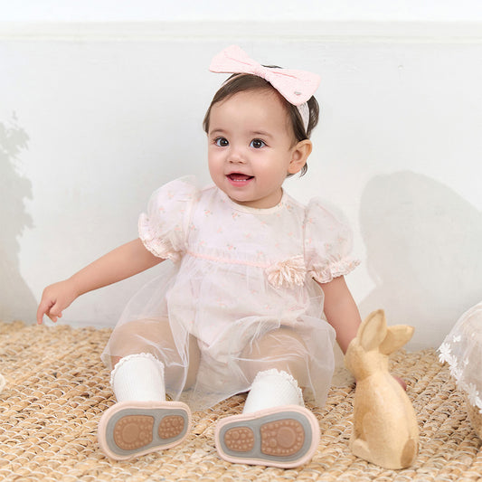 Dave&Bella Summer Baby Girls Pink Floral Print Elegant Mesh A-Line Princess Rompers