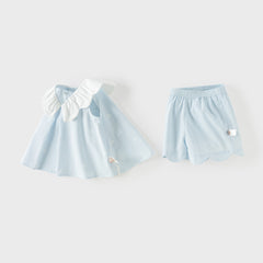 Dave&Bella Summer Toddler Girls Blue Soft Stylish V-neck Sleeveless Top Shorts Sets