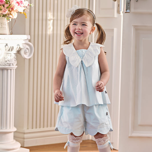 Dave&Bella Summer Toddlers Girls Blue Soft Stylish V-neck Sleeveless Top Shorts Sets