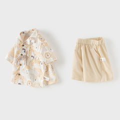 Dave&Bella Toddler Boys Summer Playful Khaki Print Short Sleeve Shirt Short Outfit Sets