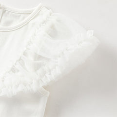 Dave&Bella Toddler Girls Summer White Cartoon Print Mesh Flutter Sleeve Casual T-shirts