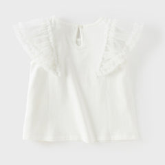 Dave&Bella Toddler Girls Summer White Cartoon Print Mesh Flutter Sleeve Casual T-shirts