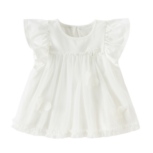 Dave&Bella Summer Toddler Girls Elegant Beige Flutter Sleeve Mesh Dress-style T-shirts