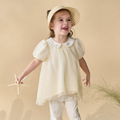 Dave&Bella Summer Toddler Girls Apricot Bubble Sleeve Comfortable Mesh A-line T-shirts