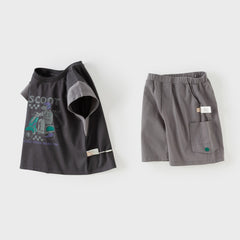 Dave&Bella Summer Kids Boys Grey Cartoon Print Cotton Soft Breathable Casual Outfit Sets