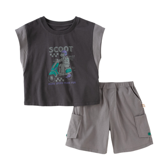 Dave&Bella Summer Kids Boys Grey Cartoon Print Cotton Soft Breathable Casual Outfit Sets