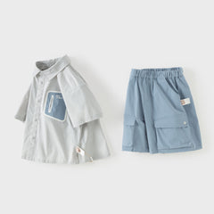 Dave&Bella Summer Kids Boys Elegant Grey Short Sleeve Casual Comfortable Outfit Sets