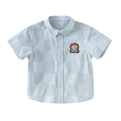 Dave&Bella Toddler Boys Summer Stylish Blue White Striped Formal Cotton Shirts
