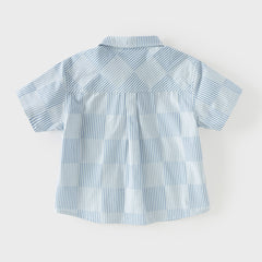 Dave&Bella Toddler Boys Summer Stylish Blue White Striped Formal Cotton Shirts