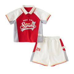 Dave&Bella Toddler Boys Summer Red/Black Polo Collar Outdoor Sports Outfit Sets