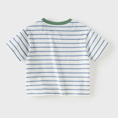 Dave&Bella Toddler Boys Summer Fashion Striped Red/Blue Breathable Casual T-shirts