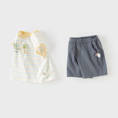 Dave&Bella Summer Toddler Boys Yellow Striped Cute Print Comfortable Sleeveless Sets