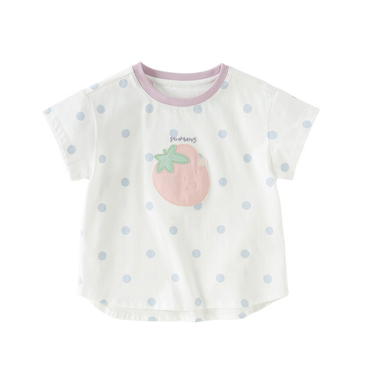 Dave&Bella Summer Toddler Girls Cute Blue Dots Strawberry Print Soft Cotton T-shirts