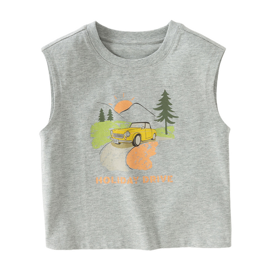 Dave&Bella Summer Toddler Boys Light Grey Sleeveless Car Print Breathable Tank Tops