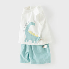 Dave&Bella Summer Toddler Boys White Dinosaur Print Casual Soft Tank Top Shorts Sets