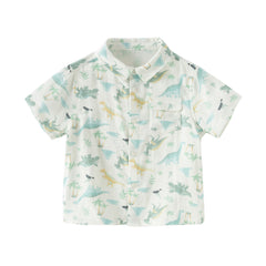 Dave&Bella Toddler Boys Summer Playful Dinosaur/White Print College-style Shirts