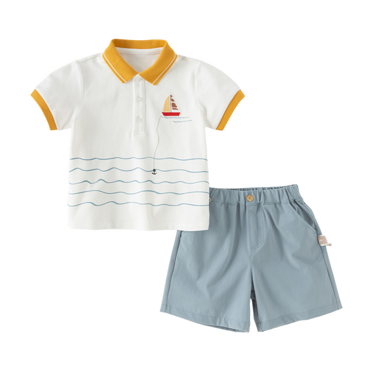 Dave&Bella Summer Toddler Boys Beige Polo Collar Print Daily Outfit Sets